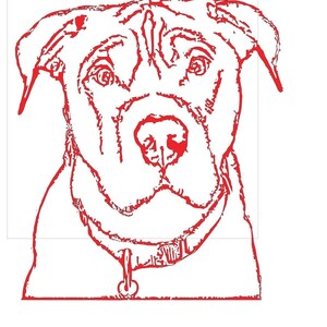 May include: A red line drawing of a dog's head with a collar. The dog has a wrinkled face and large, round eyes.