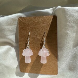 Rose Quartz Crystal Mushroom Earrings , Wire Wrapped Jewelry , Trippy Earrings , Cottage Core Accessories