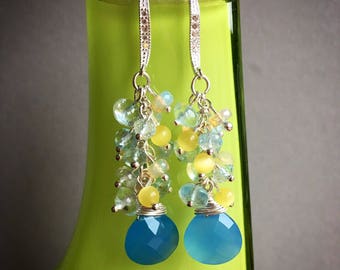 Blue chalcedony, aquamarine, Ethiopian opal, and yellow agate cluster earrings