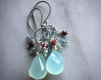 Aqua blue chalcedony, apatite, garnet and sterling silver dangle earrings