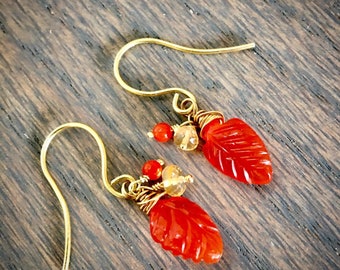 Carnelian Carved Leaf Dangle Earrings