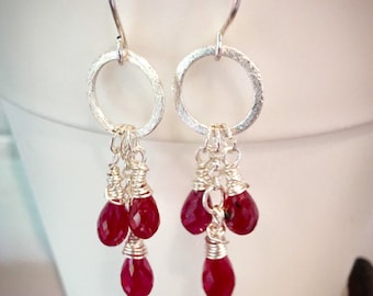 Ruby and sterling silver dangle earrings