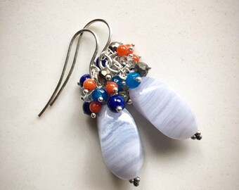 Blue lace agate and sterling silver cluster/dangle earrings