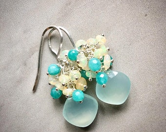 Aqua chalcedony, opal, turquoise jade and sterling silver cluster earrings