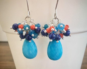 Turquoise and sterling silver cluster earrings