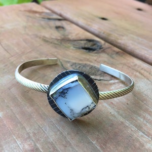 Dendritic agate and sterling silver bangle bracelet