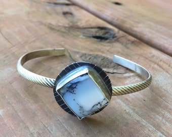 Pulsera de ágata dendrítica y brazalete de plata de primera ley