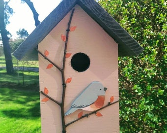Saugatuck Michigan metal top birdhouse rough sawn wood box easy clean out wrens finches chickadees