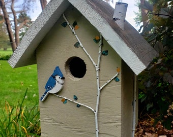 Light colored birdhouse with a black stained roof, and white trim. Hand cut, painted bluejay. Unique gift for bird lovers and gardeners.