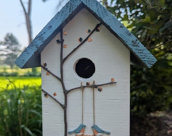 Handmade wood birdhouse, real branches, handpainted wood birds, and copper pattina leaves.  Great gift for a bird lover! Fast shipping!