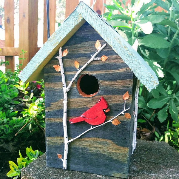 Handmade wood birdhouse with handcut and painted Cardinal, copper accents, unique gift!