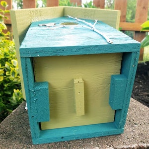 Rustic birdhouse, tourqoise and choice of green or tan roof with hand-painted birds, nice garden accent. Easy clean out image 9