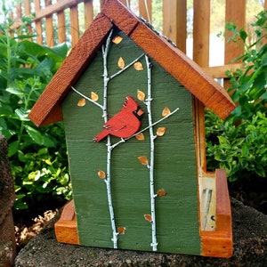 Beautiful handmade wood bird feeder, painted hunter green, or navy and a stained cedar color roof with hand painted accents. image 3