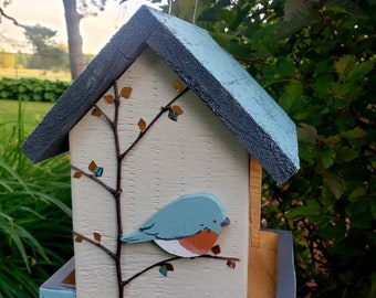 Colorful handmade wood bird feeder. Easy open roof! Featuring hand painted bluebirds. Fast shipping!