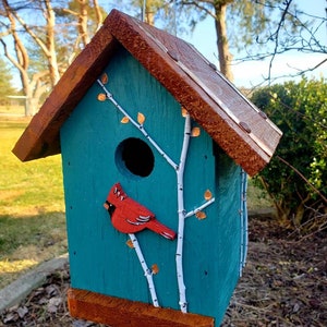 Handmade wood birdhouse, with hand painted cardinal and birch trees, copper accents, easy cleanout, great bird lovers gift Turquoise