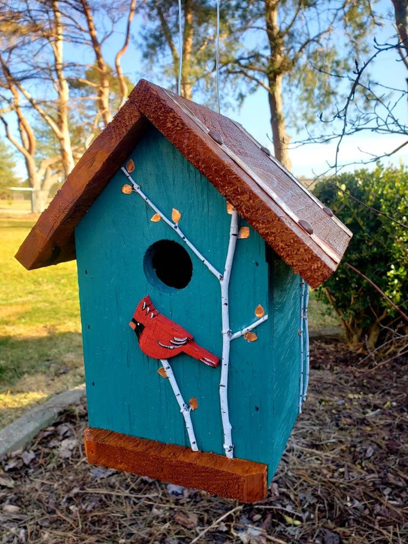 Handmade wood birdhouse, with hand painted cardinal and birch trees, copper accents, easy cleanout, great bird lovers gift Turquoise