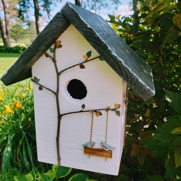 Handmade wood birdhouse, real branches, handpainted wood birds, and copper pattina leaves.  Great gift for a bird lover! Fast shipping!