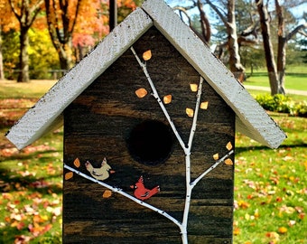 Handmade wood birdhouse with handpainted cardinals and copper accents, one of a kind, easy cleanout!