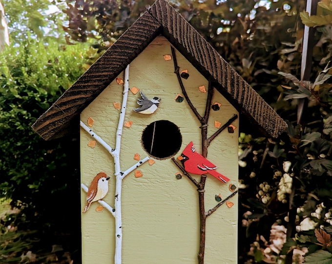 Handmade birdhouse, decorated with copper leaves, tree branches, and hand cut & handpainted birds. One of a kind!