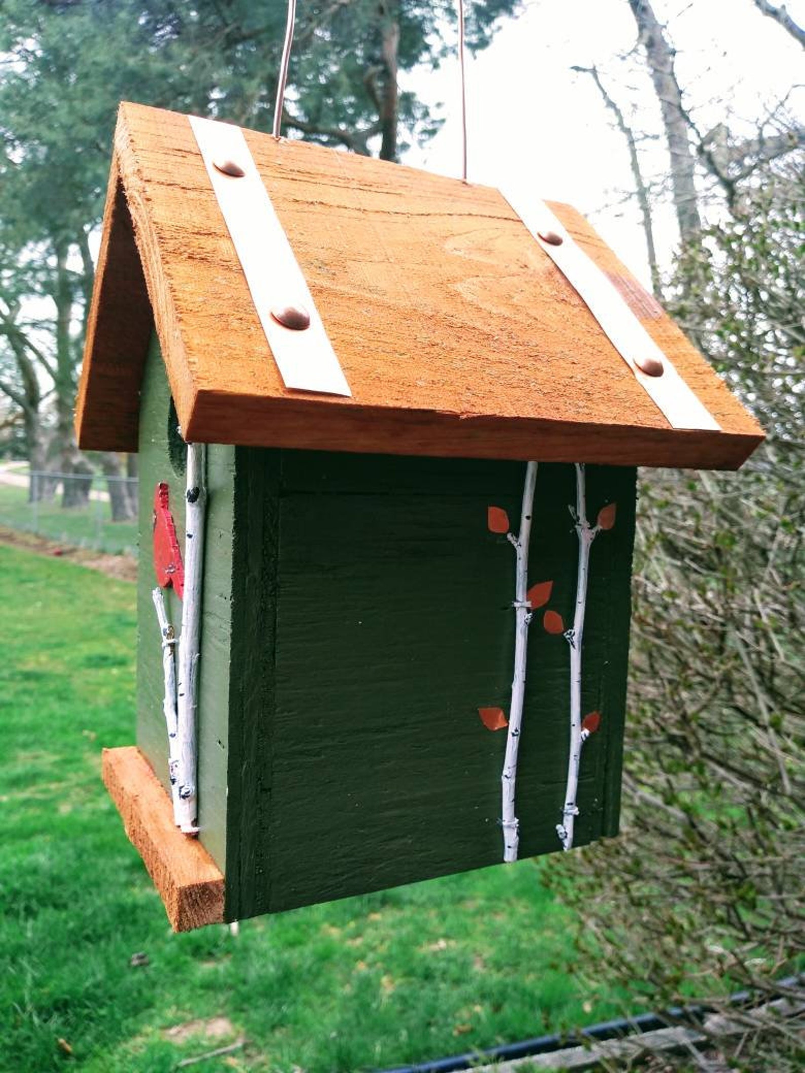 Handmade wood birdhouse with hand painted cardinal and birch | Etsy