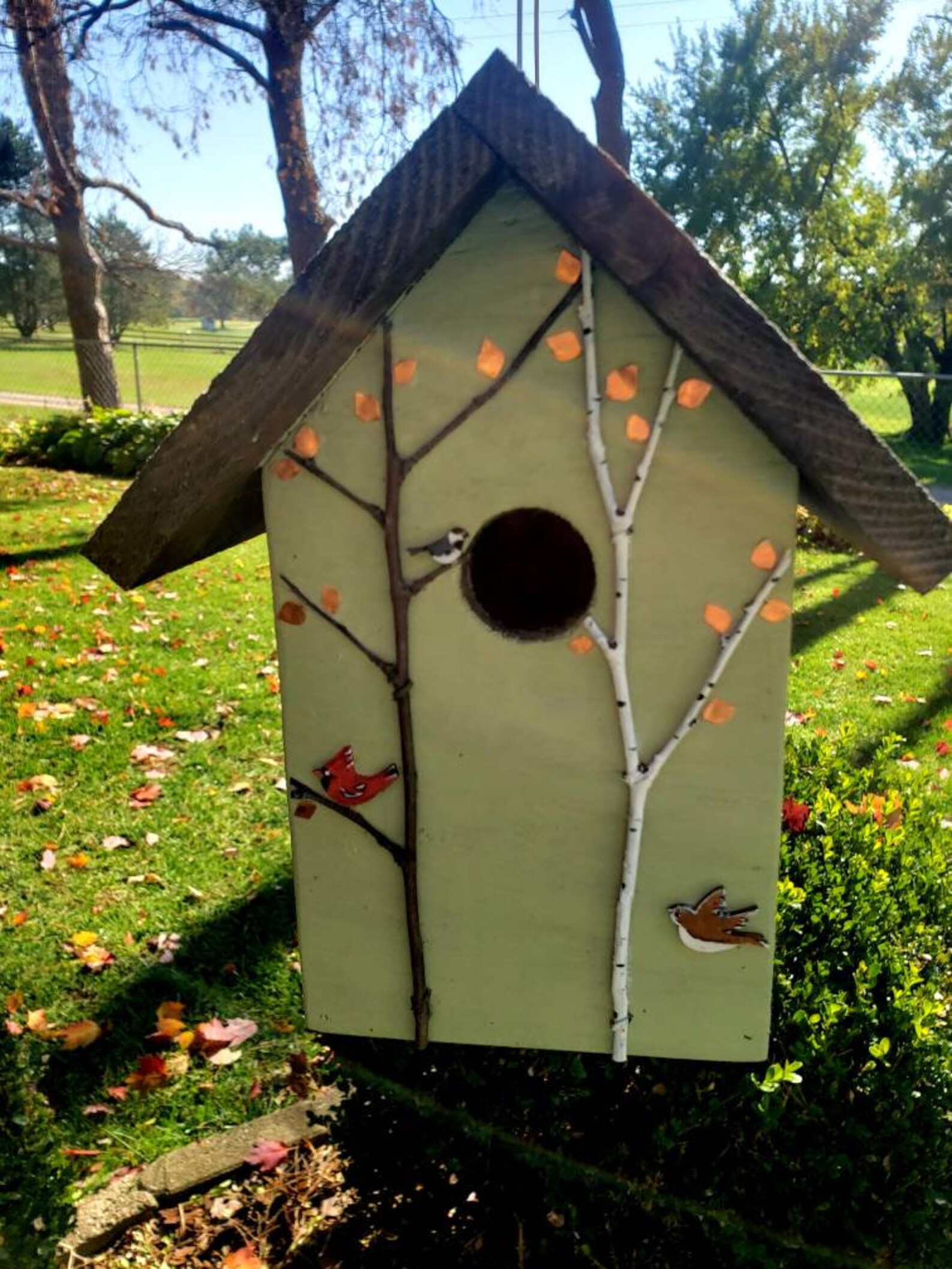 Handmade Birdhouse, Decorated With Copper Leaves, Tree Branches, and ...