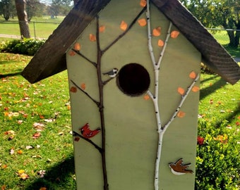 Handmade birdhouse, decorated with copper leaves, tree branches, and handpainted birds. One of a kind!