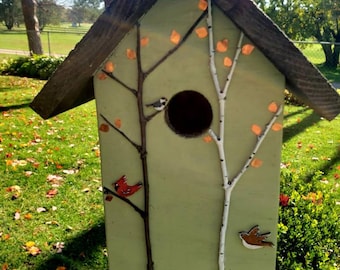 Handmade birdhouse, decorated with copper leaves, tree branches, and handpainted birds. One of a kind!