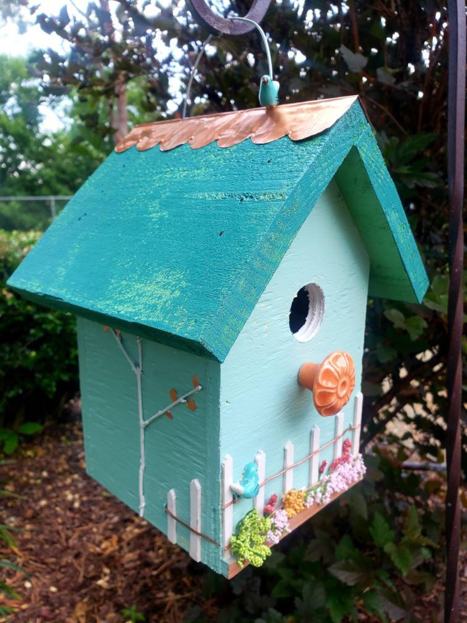 Handmade Birdhouse Decorated With Copper Leaves Handpainted Etsy