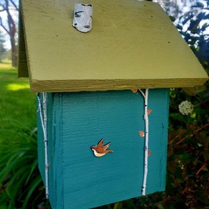 Rustic birdhouse, tourqoise and choice of green or tan roof with hand-painted birds, nice garden accent. Easy clean out image 2