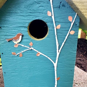 Rustic birdhouse, tourqoise and choice of green or tan roof with hand-painted birds, nice garden accent. Easy clean out image 4
