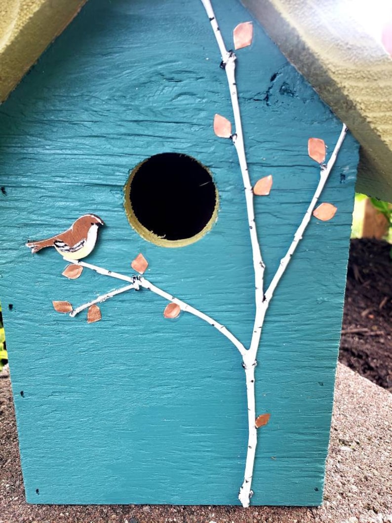 Rustic birdhouse, tourqoise and choice of green or tan roof with hand-painted birds, nice garden accent. Easy clean out image 4