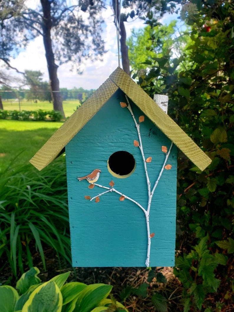 Rustic birdhouse, tourqoise and choice of green or tan roof with hand-painted birds, nice garden accent. Easy clean out Green roof