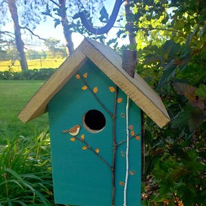 Rustic birdhouse, tourqoise and choice of green or tan roof with hand-painted birds, nice garden accent. Easy clean out image 5