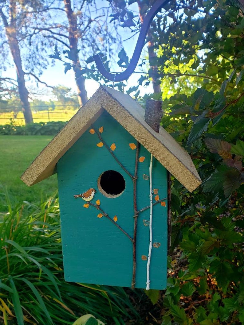 Rustic birdhouse, tourqoise and choice of green or tan roof with hand-painted birds, nice garden accent. Easy clean out image 5