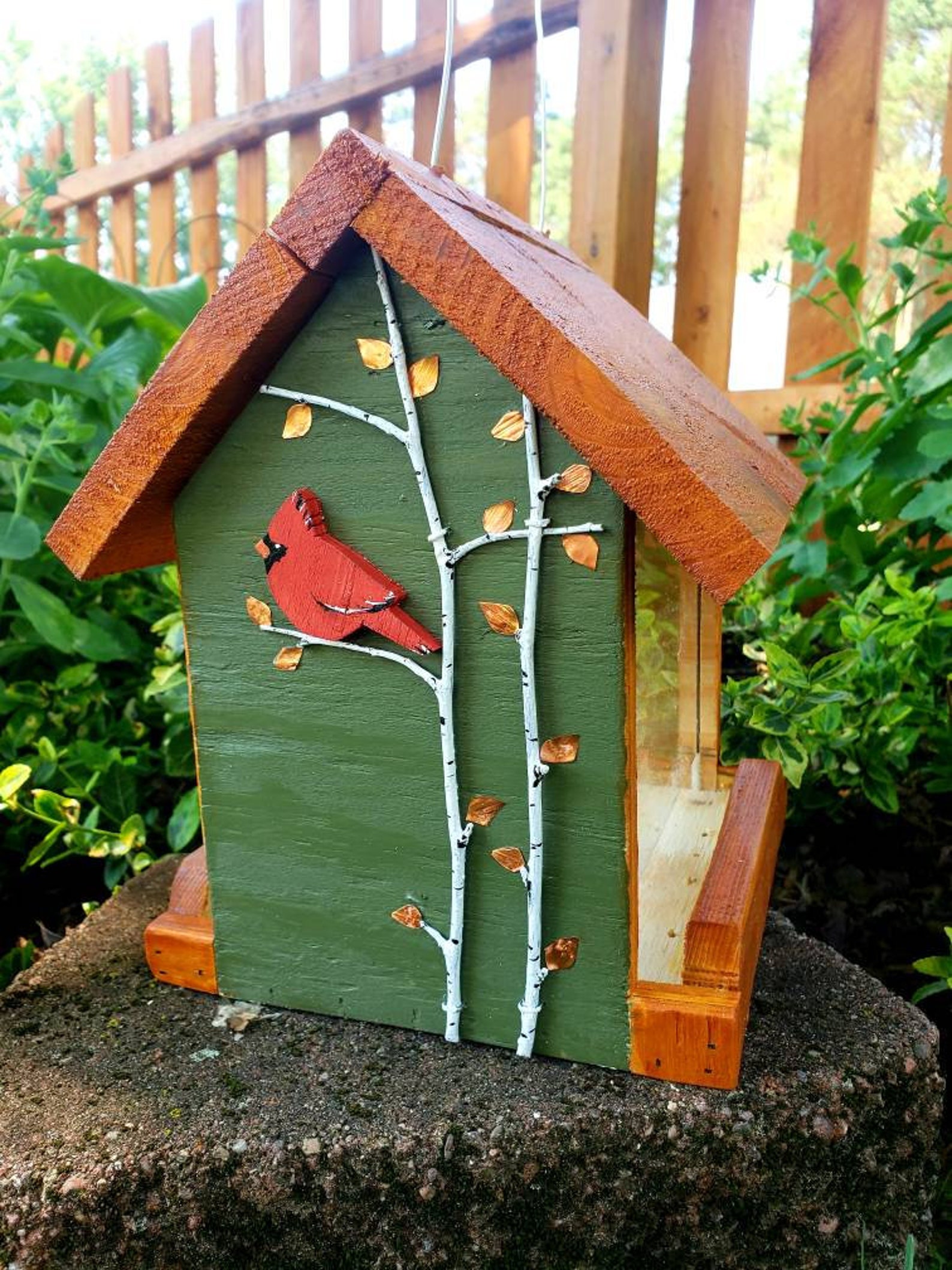 Beautiful handmade wood bird feeder, painted hunter green, or navy and a stained cedar color roof with hand painted accents. - Green