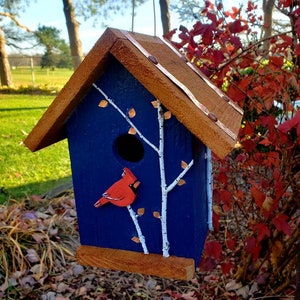 Handmade wood birdhouse, with hand painted cardinal and birch trees, copper accents, easy cleanout, great bird lovers gift Navy