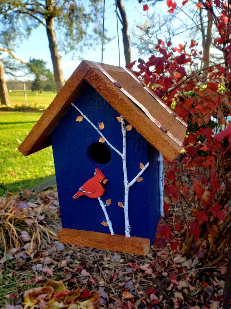 Handmade wood birdhouse, with hand painted cardinal and birch trees, copper accents, easy cleanout, great bird lovers gift Navy