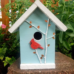Handmade wood birdhouse, with hand painted cardinal and birch trees, copper accents, easy cleanout, great bird lovers gift Light blue