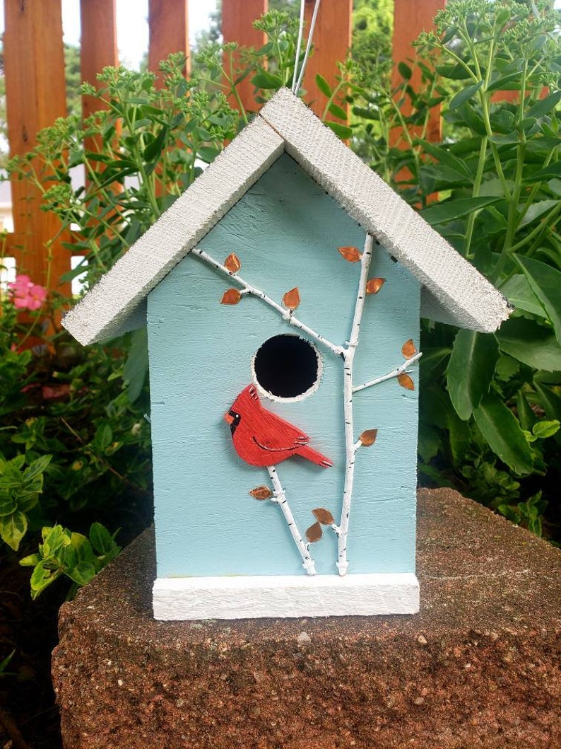 Handmade wood birdhouse, with hand painted cardinal and birch trees, copper accents, easy cleanout, great bird lovers gift Light blue