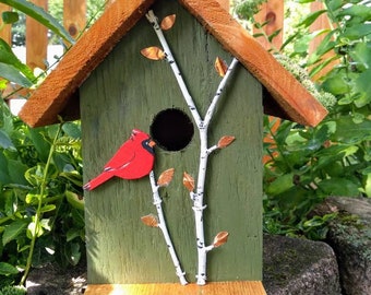 Handmade wood birdhouse, with hand painted cardinal and birch trees, copper accents, easy cleanout, great bird lovers gift!