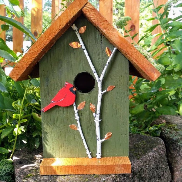 Handmade wood birdhouse, with hand painted cardinal and birch trees, copper accents, easy cleanout, great bird lovers gift!
