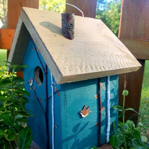 Rustic birdhouse, tourqoise and choice of green or tan roof with hand-painted birds, nice garden accent. Easy clean out image 7
