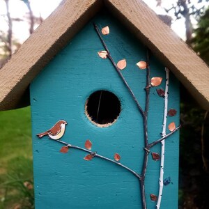 Rustic birdhouse, tourqoise and choice of green or tan roof with hand-painted birds, nice garden accent. Easy clean out image 6