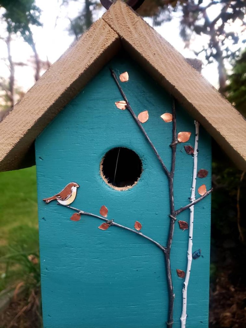 Rustic birdhouse, tourqoise and choice of green or tan roof with hand-painted birds, nice garden accent. Easy clean out image 6
