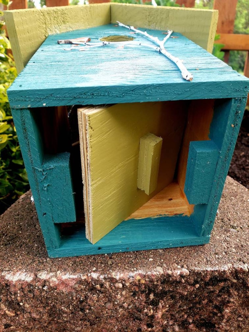 Rustic birdhouse, tourqoise and choice of green or tan roof with hand-painted birds, nice garden accent. Easy clean out image 10