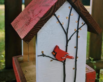 Beautiful handmade wood bird feeder, with hand painted and cut cardinals, with copper accents.