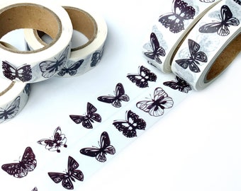 Black butterflies washi tape, Mono chrome butterfly, Aesthetic masking tape, Scrapbooking supply, Journalling supplies, Card making
