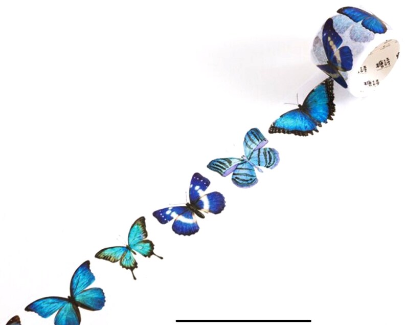May include: A roll of blue butterfly patterned washi tape. The tape features a repeating pattern of blue butterflies with white accents.