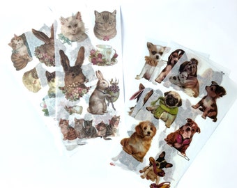 Vintage animal sticker pack, Dogs Kittens sticker set, 3 pieces,  Cute bunnies sticker pack, Cute pets stickers, Journal supply,