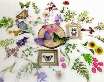 Mixed butterfly and flower stickers, Mixture of foliage and flora sticker pack, Transparent background, Scrapbooking stationary and decor